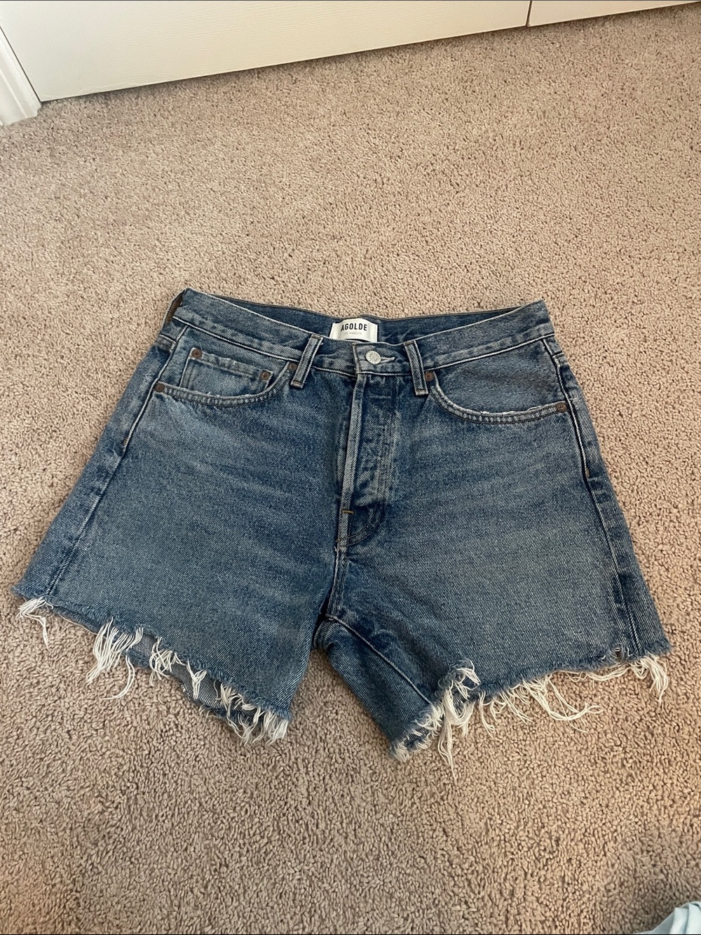 Agolde Dark Blue Frayed High-Rise Denim Shorts